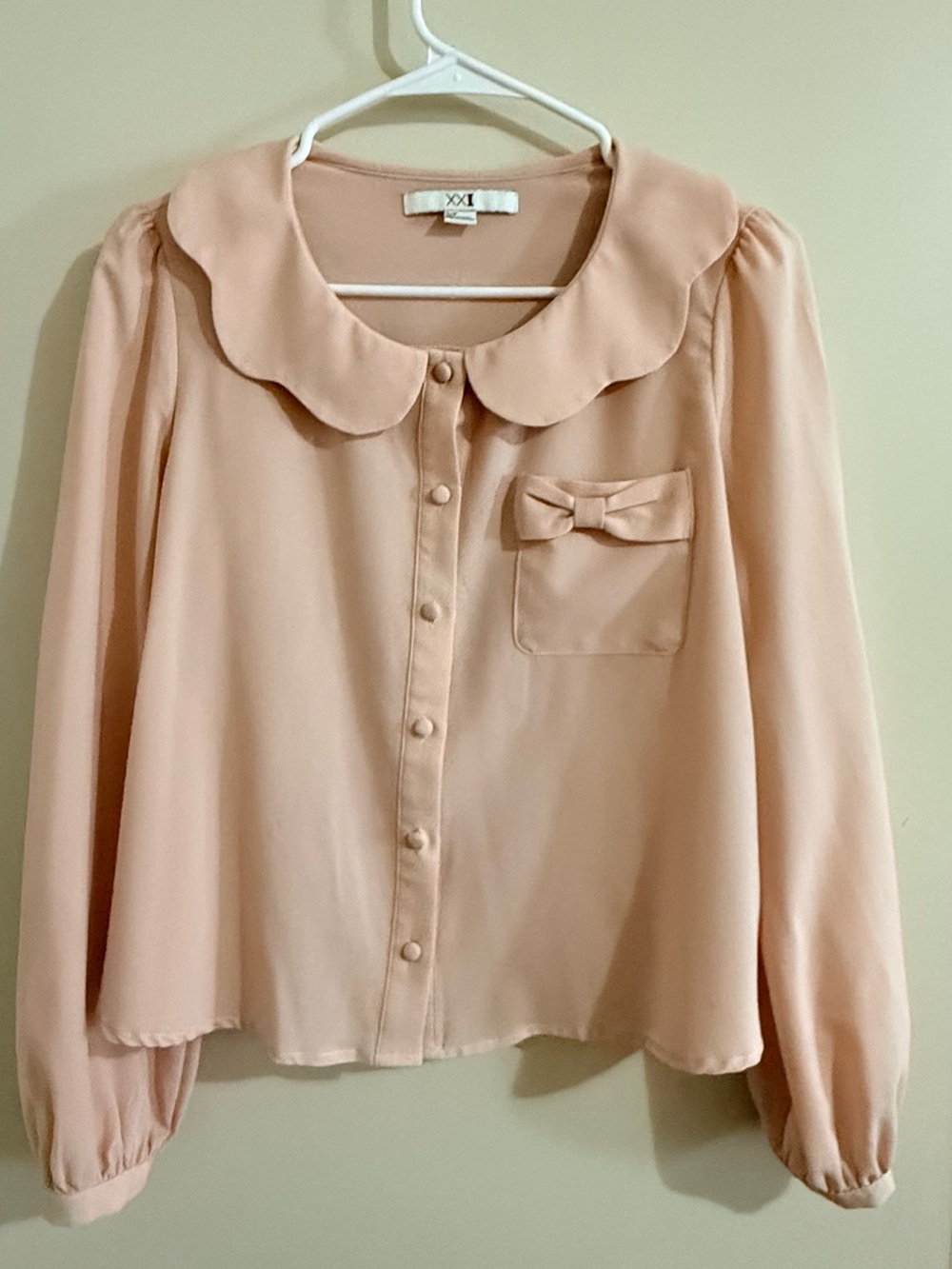 Forever 21 Blush Button-Down Blouse with Peter Pan Collar and Bow Pocket